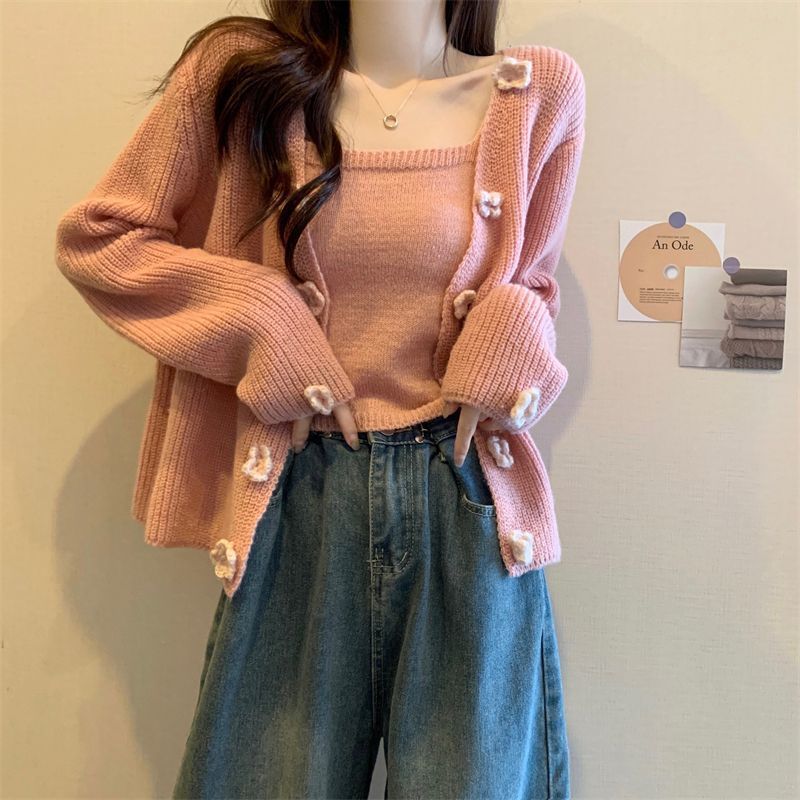 Flower Sweater Cardigan Jacket For Women Spring & Fall Soft Waxy Short Small Suspender Top Two-Piece Suit - Image 2